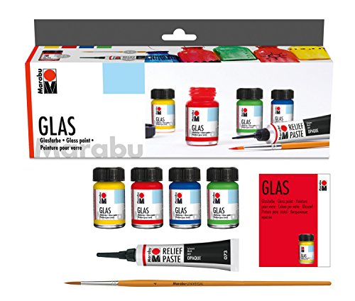 Marabu 130600087, Pintura de vidrio "Glas" 4 x 15 ml + cepillo + pasta en relieve Negro