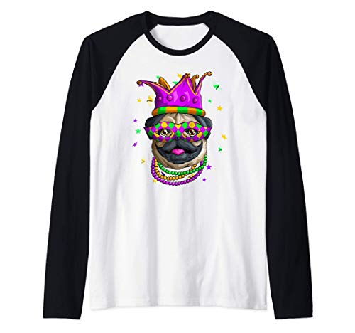 Mardi Gras Pug Divertido Pugs Carnaval Bufón Cuentas Fiesta Camiseta Manga Raglan