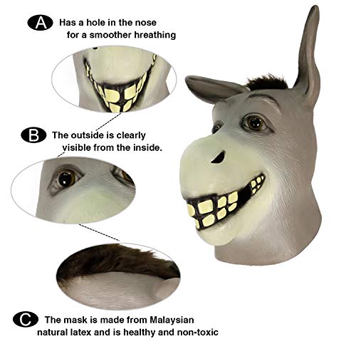 molezu Cabeza De Burro Máscara Gaucho Halloween Traje Látex Máscara Navidad Fiesta Decoraciones Adulto Accesorio del Traje Gracioso (Gris)