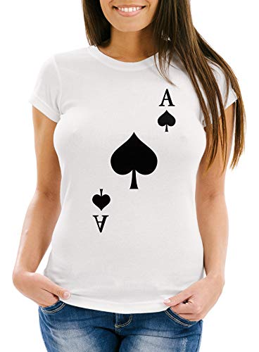 MoonWorks® - Camiseta para mujer, diseño de tarjetas de juego Tarjetas Pik Ass, color blanco L