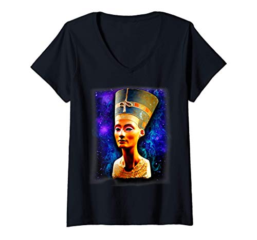 Mujer Busto de estatua egipcia Reina Nefertiti Camiseta Cuello V