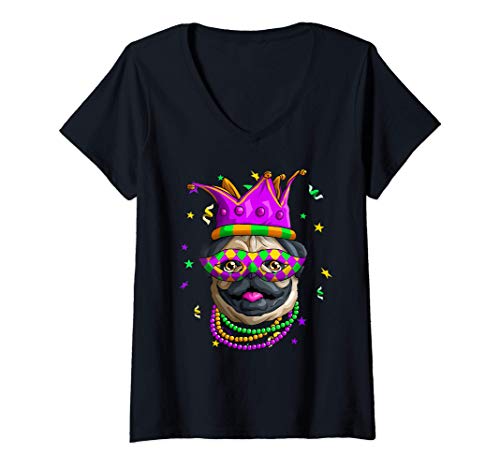 Mujer Mardi Gras Pug Divertido Pugs Carnaval Bufón Cuentas Fiesta Camiseta Cuello V