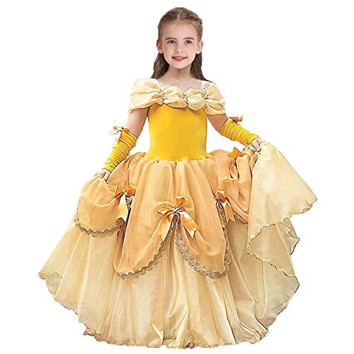 MYRISAM Disfraz de Carnaval Vestidos de Princesa Belle para Niñas Traje de Halloween Navidad Cumpleaños Fiesta Ceremonia Aniversario Cosplay Bella y Bestia Costume con Mangas del Brazo 6-7