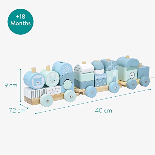 Navaris Tren de Madera para niños - Tranvía para bebé con Cordel de Arrastre 3 Bloques y 20 Piezas para Jugar - Ferrocarril de Juguete con Ruedas