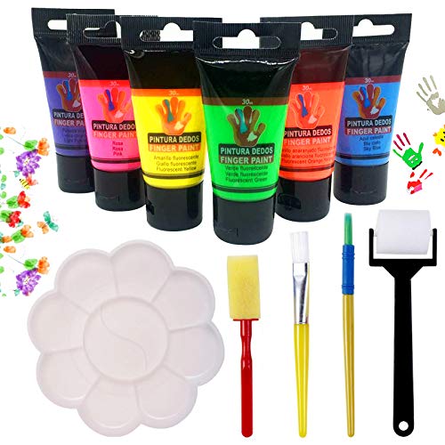 OCEANO 6×30ml Botes Pintura de Dedos para niños, Pintura de Dedos，Lavable Pinturas para niños no tóxicas, de Color Natural y ecológico，Incluido: Cuatro Pinceles, una Paleta