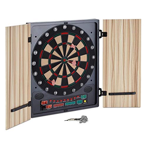 Oneconcept Dartmaster 180 - Diana automática, hasta 8 Jugadores, Rival Virtual con 5 Niveles, Display LED, 12 Dardos, Apoyo para Dardos, Punta de plástico, 27 Juegos, 2 Puertas, Marrón Claro