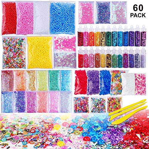 Outtybrave 60 Pcs Slime Kit,Slime Herramientas para artesanía de Bricolaje Incluyen Fishbowl Beads, Bolas Espuma, apel azúcar, Glitter, Confeti,Bolas Espuma Lodo para Niñas y Niños Slime DIY Making