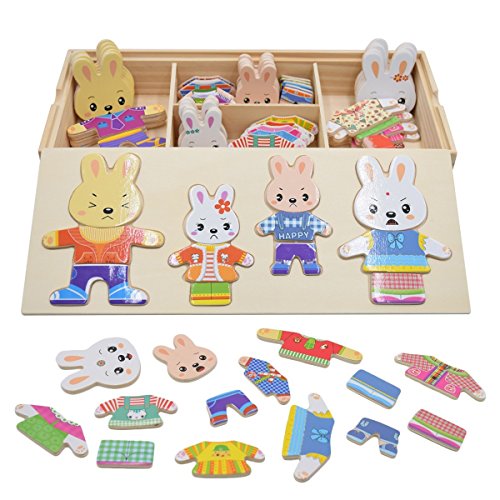 PAMRAY Rompecabezas de Vestir Juguetes Puzzles Osos Conejos Cambiar la Ropa DIY para Madera Juego para Niñas Niños Bebés de Dress up Toy de 3 Años y Más 72 Piezas Conejo