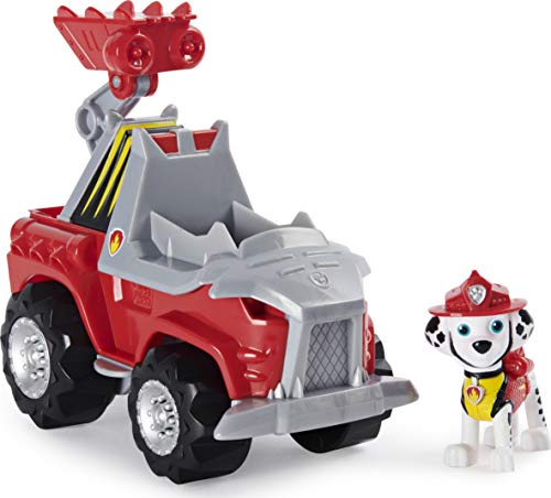 PAW Patrol Dino Rescue Marshall Deluxe Rev Up Vehículo con Figura de Dinosaurio Misterioso