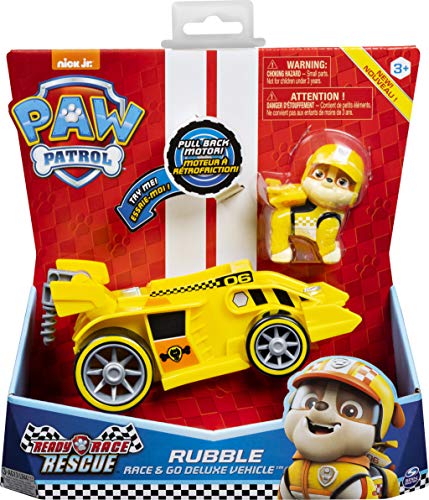 PAW Patrol Vehículo de Lujo Listo para Carrera, Rescate Rubble's Race & Go con Sonidos, para niños a Partir de 3 años