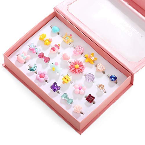 Powerking Anillos para niños, Anillos Ajustables para niñas y niñas Anillos para Jugar y Jugar Anillos para niños y niñas, Anillos de Sirena/Mariposa/Flor Conjunto Encantador 24 PCS