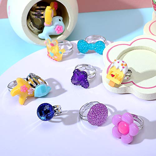 Powerking Anillos para niños, Anillos Ajustables para niñas y niñas Anillos para Jugar y Jugar Anillos para niños y niñas, Anillos de Sirena/Mariposa/Flor Conjunto Encantador 24 PCS