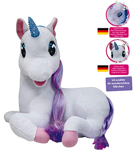 Redstring Peluche Unicornio Luna cuentacuentos, ¡Habla, Mueve Sus Ojos, Boca y su Cuerno se Ilumina Dimian Version Alemana, Multicolor (RS412201)