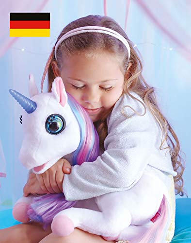 Redstring Peluche Unicornio Luna cuentacuentos, ¡Habla, Mueve Sus Ojos, Boca y su Cuerno se Ilumina Dimian Version Alemana, Multicolor (RS412201)