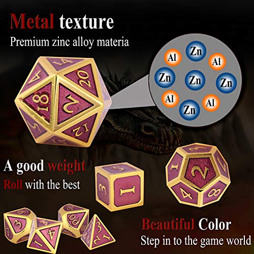 Schleuder Dados de rol de Dungeons and Dragons, Poliedricos DND 7 Piezas Dice Set Metal D&D Juego de rol para Mazmorras y MTG, RPG Dice Gaming (Gold & Purple)