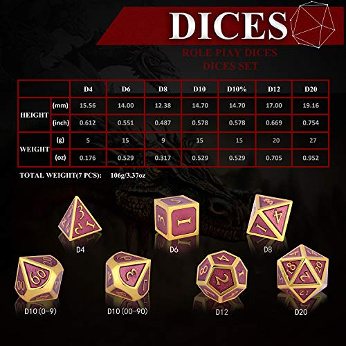 Schleuder Dados de rol de Dungeons and Dragons, Poliedricos DND 7 Piezas Dice Set Metal D&D Juego de rol para Mazmorras y MTG, RPG Dice Gaming (Gold & Purple)