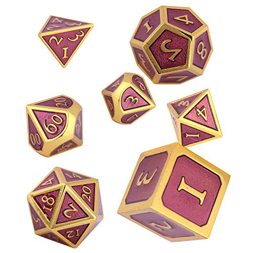 Schleuder Dados de rol de Dungeons and Dragons, Poliedricos DND 7 Piezas Dice Set Metal D&D Juego de rol para Mazmorras y MTG, RPG Dice Gaming (Gold & Purple)