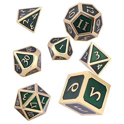 Schleuder Dados de rol de Dungeons and Dragons, Poliedricos DND 7 Piezas Dice Set Metal D&D Juego de rol para Mazmorras y MTG, RPG Dice Gaming (Gold & Dark Green)