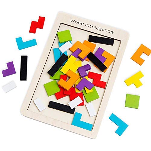 SeeKool Puzzle Tetris de Madera, Tangram Jigsaw Rompecabezas Madera Juego Educativo Brain Teaser Toy, Colorido de Madera Geometría Bloque de Construcción Inteligencia Regalo para Niños (40 Pcs)