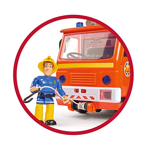 Simba 109251036 - Coche de Bomberos Sam Jupiter 2.0, con Figura de Sam y Elvis, con luz y Sonido, con Escalera Extensible y luz de búsqueda, 28 cm, para niños a Partir de 3 años