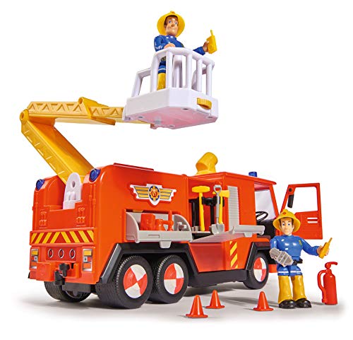 Simba 109251036 - Coche de Bomberos Sam Jupiter 2.0, con Figura de Sam y Elvis, con luz y Sonido, con Escalera Extensible y luz de búsqueda, 28 cm, para niños a Partir de 3 años