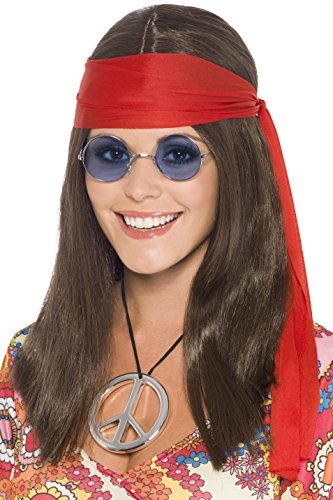 Smiffys-21338 Kit de Chica Hippy, con Peluca Larga marrón, Gafas, medallón con símbolo de la Paz y Rojo Banda para el Pelo, Color, Tamaño único (Smiffy'S 21338)