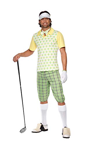 Smiffys Disfraz de IR a Jugar al Golf, Verde, Amarillo y Blanco, con Visera, Shorts, Top, corbatín y Guante