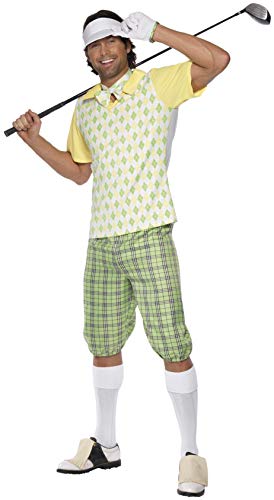 Smiffy's Smiffys Gone Golfing Costume Disfraz de IR a Jugar al Golf, Verde, Amarillo y Blanco, con Visera, Shorts, Top, corbatín y Guante, Color, M-Tamaño 38"-40" 33421M