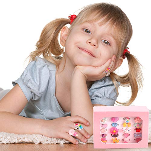 Tacobear 24 Piezas Anillos Niña Flor Corazón Mariposa Unicornio Anillos con Caja Princesa Joyas Juguetes Ajustable Anillos Set Fiesta Cumpleaños Regalos Anillos para Niños Niñas