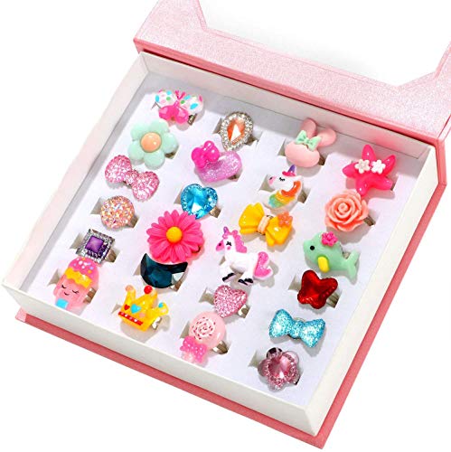 Tacobear 24 Piezas Anillos Niña Flor Corazón Mariposa Unicornio Anillos con Caja Princesa Joyas Juguetes Ajustable Anillos Set Fiesta Cumpleaños Regalos Anillos para Niños Niñas