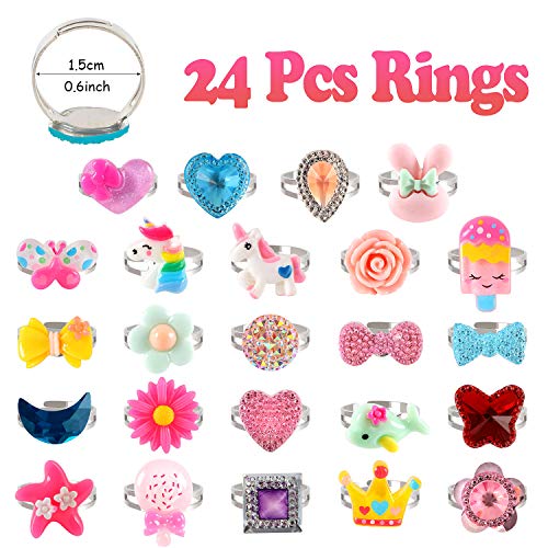 Tacobear 24 Piezas Anillos Niña Flor Corazón Mariposa Unicornio Anillos con Caja Princesa Joyas Juguetes Ajustable Anillos Set Fiesta Cumpleaños Regalos Anillos para Niños Niñas