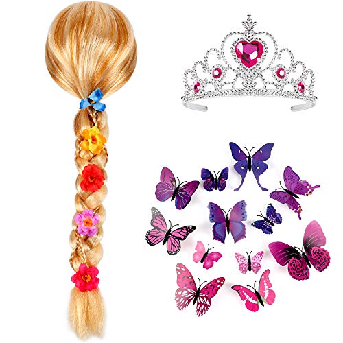 Tacobear Princesa Rapunzel Peluca Trenza con Princesa Corona y Mariposa Broche Princesa Rapunzel Sofia Disfraz Accesorios para niñas