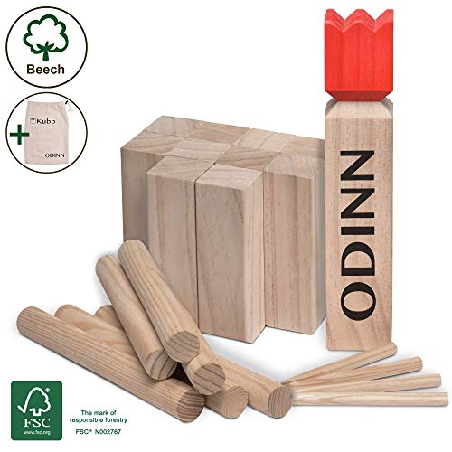 Toyfel Kubb Odinn XXL - Juego de ajedrez vikingo de madera de haya premium certificada FSC® y bolsa de tela - hasta 12 Personas Juegos de exterior para niños y adultos