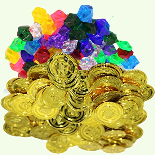 Toyvian Mini Cofre del Tesoro Pirata con 100 Monedas de Oro, 100 Gemas de Diamantes, 2 Pendiente, 2 Anillos