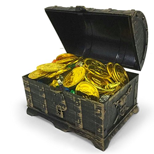 Toyvian Mini Cofre del Tesoro Pirata con 100 Monedas de Oro, 100 Gemas de Diamantes, 2 Pendiente, 2 Anillos