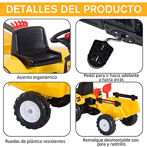 Tractor Pedal con Remolque para Niños 3-6 Años Juguete de Montar Coche de Pedales Carga 35kg 133x42x51cm Hierro y Plástico