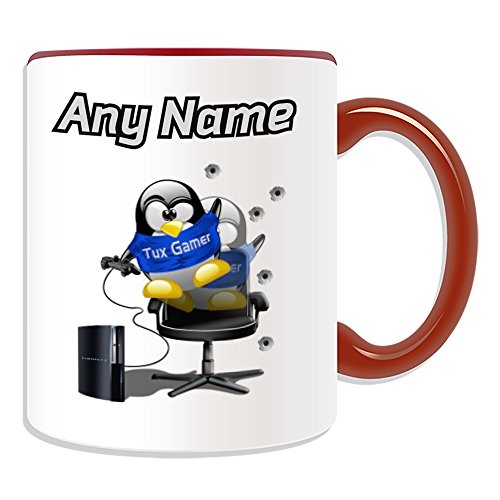 UNIGIFT - Taza de jugador (personaje de videojuego de pingüino, color de disfraz) con nombre, mensaje único, divertido y divertido, superhéroe, controlador de rol y jugador de acción GEEK