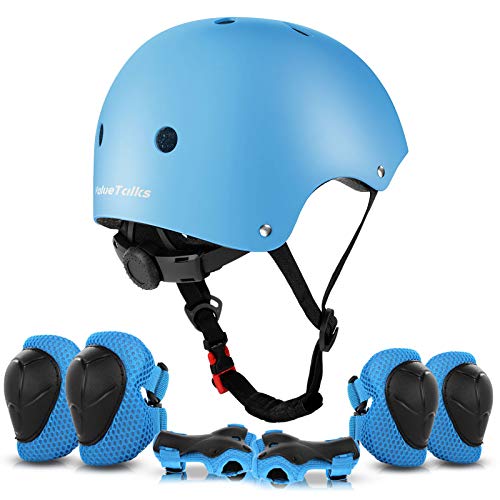 ValueTalks Protección Patinaje, Protección Infantil Consta de Casco Ajustable Rodilleras Coderas, Patinaje Ciclismo Monopatín y Deportes Extremos（Azul