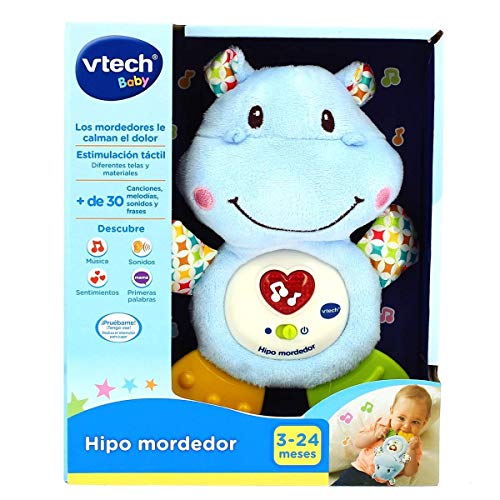 VTech- HIPO mordedor Hipopótamo de Peluche Musical y sonajero Que Ayuda a calmar y aliviar a tu Bebe con tiernas Frases, Canciones y melodías, Color Azul (3480-502522)