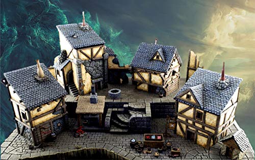 War World Gaming Fantasy Village - Puesto de Mercado y barriles - 28mm Wargaming Medieval Miniaturas Maquetas Dioramas Edificios Wargames Guerra Aldea Edad Media