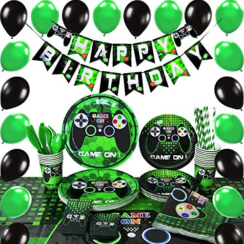 WERNNSAI Conjunto de Suministros para la Fiesta Juego - Party Decoracion Chicos Cumpleaños Favors de Fiesta Servilletas Cubiertos Mantel Platos Pancartas Globos Tazas Sirve a 16 Invitados 169 Piezas