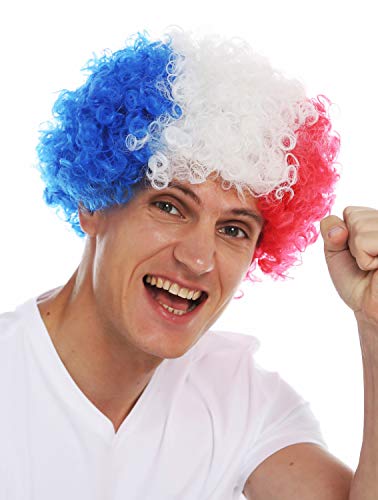 WIG ME UP- MMAM-15M Peluca Carnaval Afro hinchas del fútbol Copa Mundial Francia Tricolor Azul Blanco Rojo