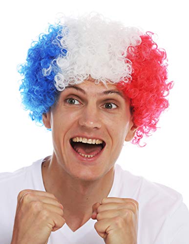 WIG ME UP- MMAM-15M Peluca Carnaval Afro hinchas del fútbol Copa Mundial Francia Tricolor Azul Blanco Rojo