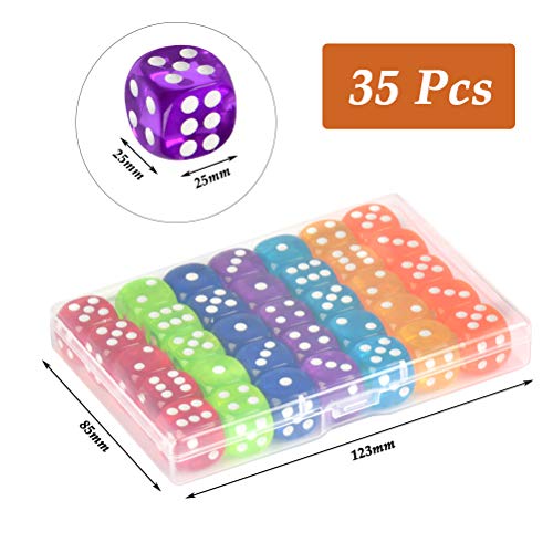 YOTINO Juego de Dados estándar de 35 Piezas Juego de Dados de Esquina Redonda de 6 Lados 7 Dados de Colores translúcidos con Bolsa de Almacenamiento Gratuita para Jugar Juegos como Tenzi