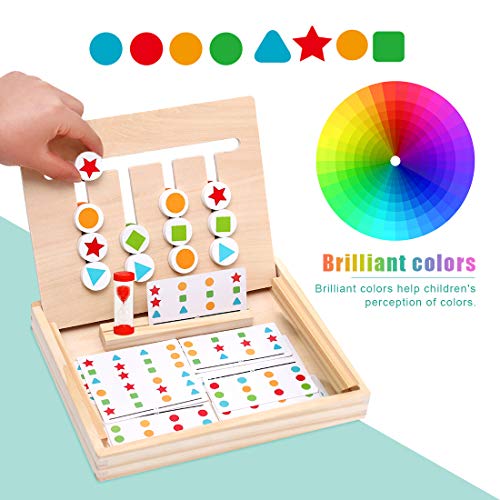 Zaloife Juguetes Montessori de Madera Puzzles de Color Tablero con Tarjetas de Patrón y Disco, Juego Educativos Niños, Juego de Regalo de Cumpleaños Rompecabezas para Niños 3 4 5 Años