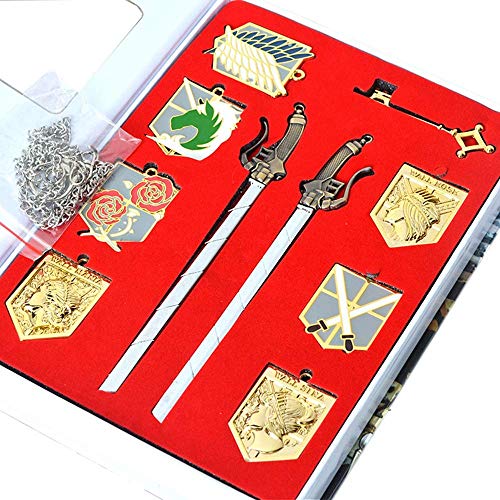 10 piezas Attack on Titan Shingeki No Kyojin Wall Maria Rose Sina Gold Badge Dual Gun Sword Blade Pendant Charm Collar Eren's Key Keychain Cosplay Accessory Jewelry Set en una caja de colección