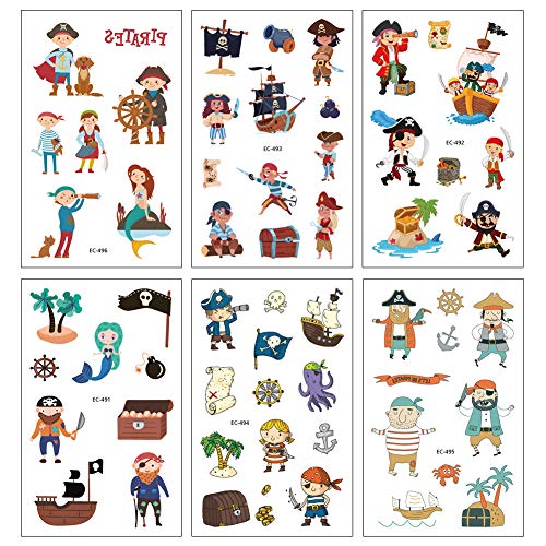 140 x Pirata & Tiburón Tatuaje Niños, Pirata Falso Tatuaje Temporal Pegatinas para Chicos Niñas niños Juegos Infantiles Fiesta de cumpleaños Regalo piñata, Artículos de Fiesta Pirata cumpleaños