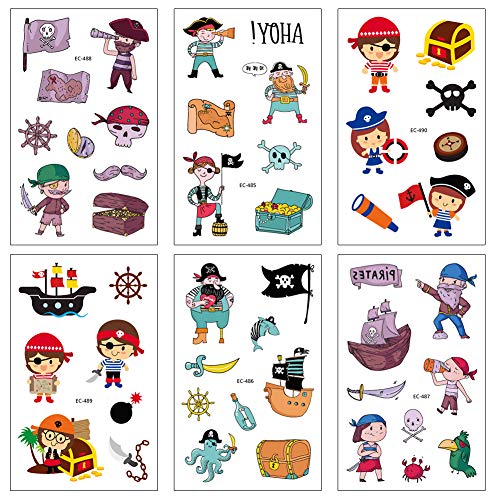 140 x Pirata & Tiburón Tatuaje Niños, Pirata Falso Tatuaje Temporal Pegatinas para Chicos Niñas niños Juegos Infantiles Fiesta de cumpleaños Regalo piñata, Artículos de Fiesta Pirata cumpleaños