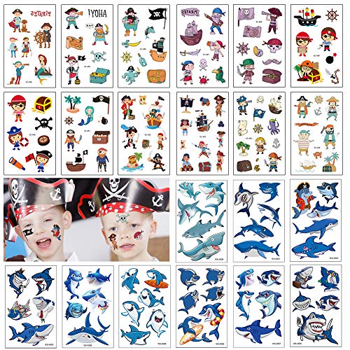 140 x Pirata & Tiburón Tatuaje Niños, Pirata Falso Tatuaje Temporal Pegatinas para Chicos Niñas niños Juegos Infantiles Fiesta de cumpleaños Regalo piñata, Artículos de Fiesta Pirata cumpleaños