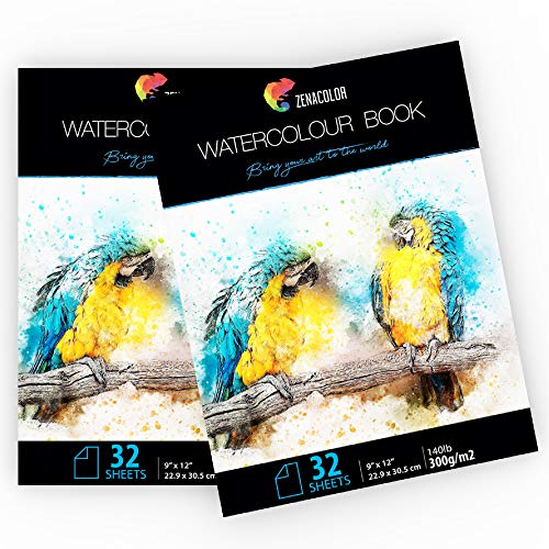 2 x Bloc Acuarela para Pinturas Acuarelas - Formato A4 (9” x 12”) - 2 x 32 Hojas Blancas 300 gr - Lote de 2 Cuadernos Acuarela de Papel de Acuarela para Artistas y Ocios Creativos